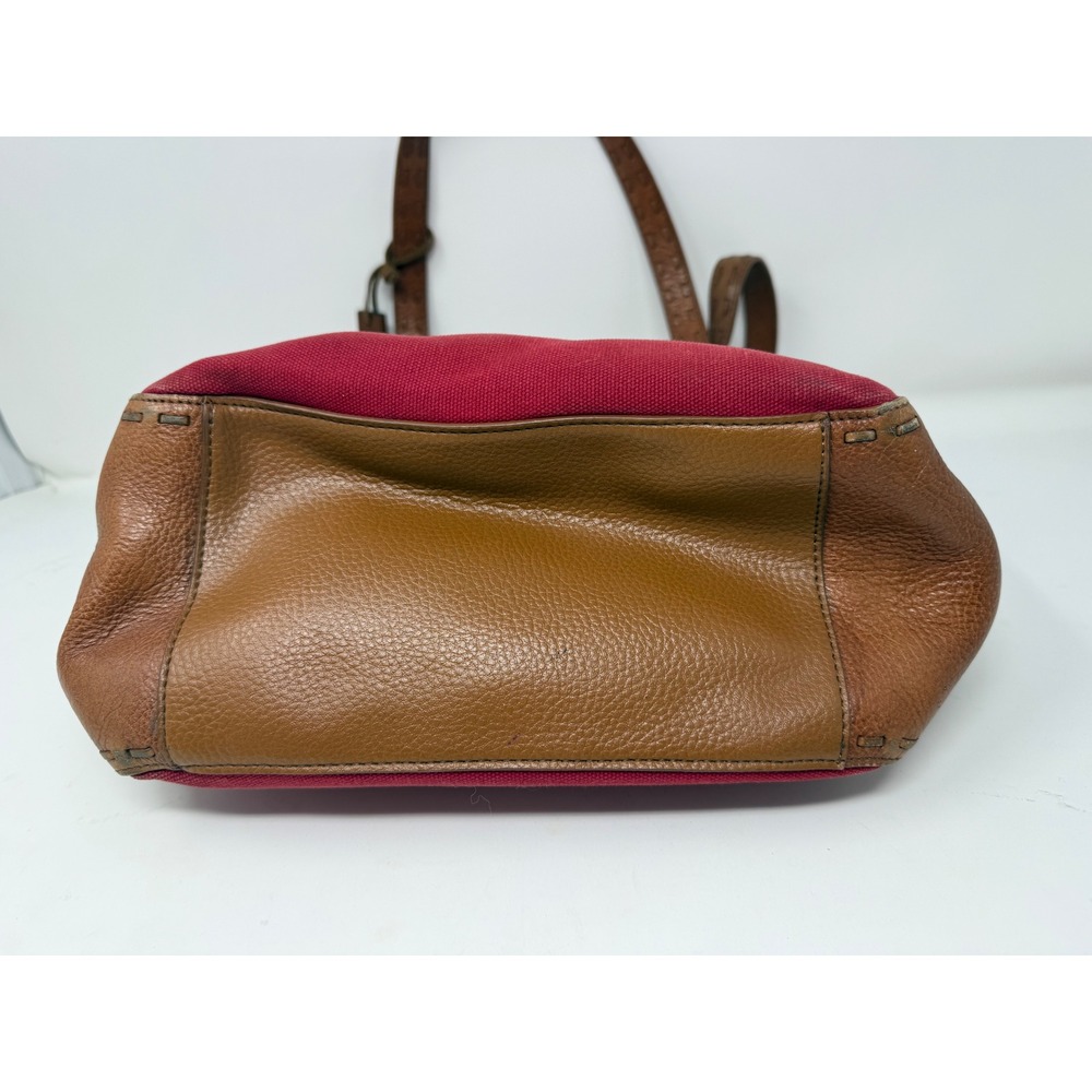 Fossil Red Canvas Brown Leather Trim Tote Shoulder Bag Whipstitch Key Charm - Picture 9 of 14